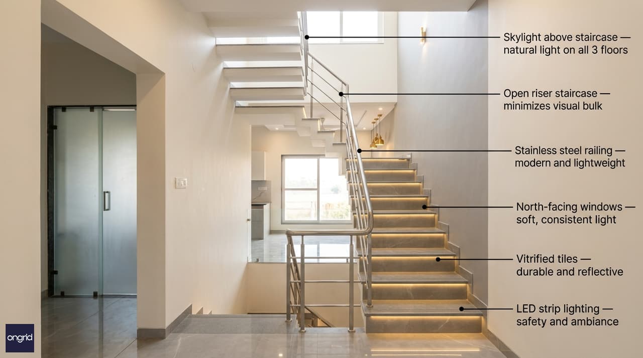 Interior design highlights of 20x40 North-facing home with annotated features