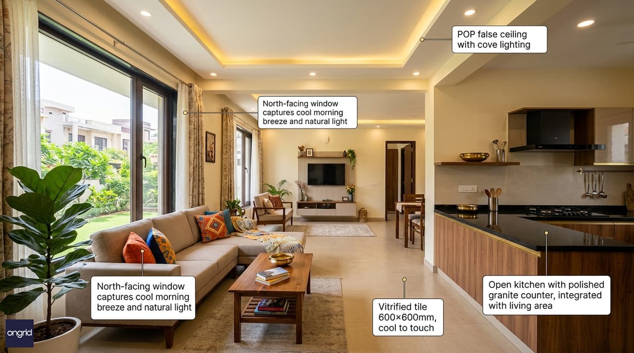 Annotated interior showing design features like overhangs, jali screens, and ventilation windows