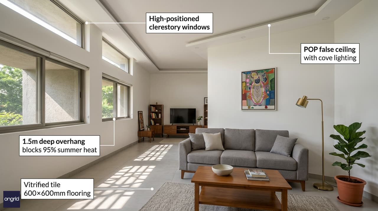 Interior view of south-facing living room with 1.5m overhang protection, natural light, modern Indian decor
