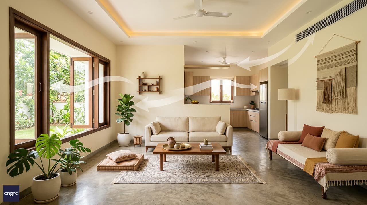 Interior view of 25x30 south-facing home showing north-facing living room with bright natural light, large windows, cross-ventilation arrows, overhang shadow visible on south wall, minimal furniture emphasizing natural light and airflow, modern Indian interior design