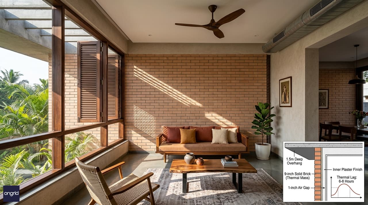 Interior design highlights showing south-facing living room with deep overhang creating shade, exposed brick interior wall showing thermal mass, ceiling fan and minimal AC ductwork, large window with shutters, light terracotta walls, contemporary Indian minimalist furniture placement, cross-sectional view of overhang detail
