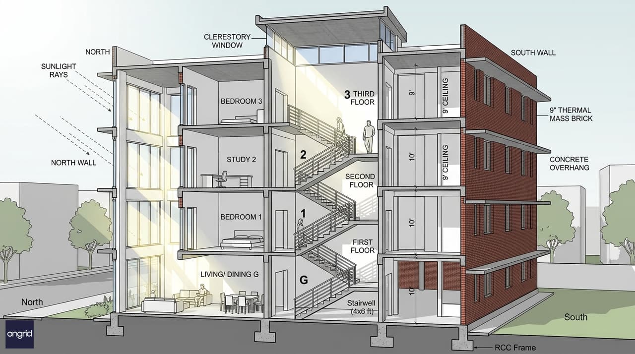 3D elevation view showing the south-facing facade with deep overhangs, staircase positioning, and passive solar zones marked