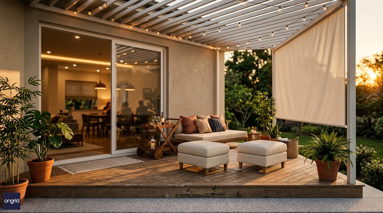 Design highlight showing rear verandah entertainment pavilion with pergola and seating