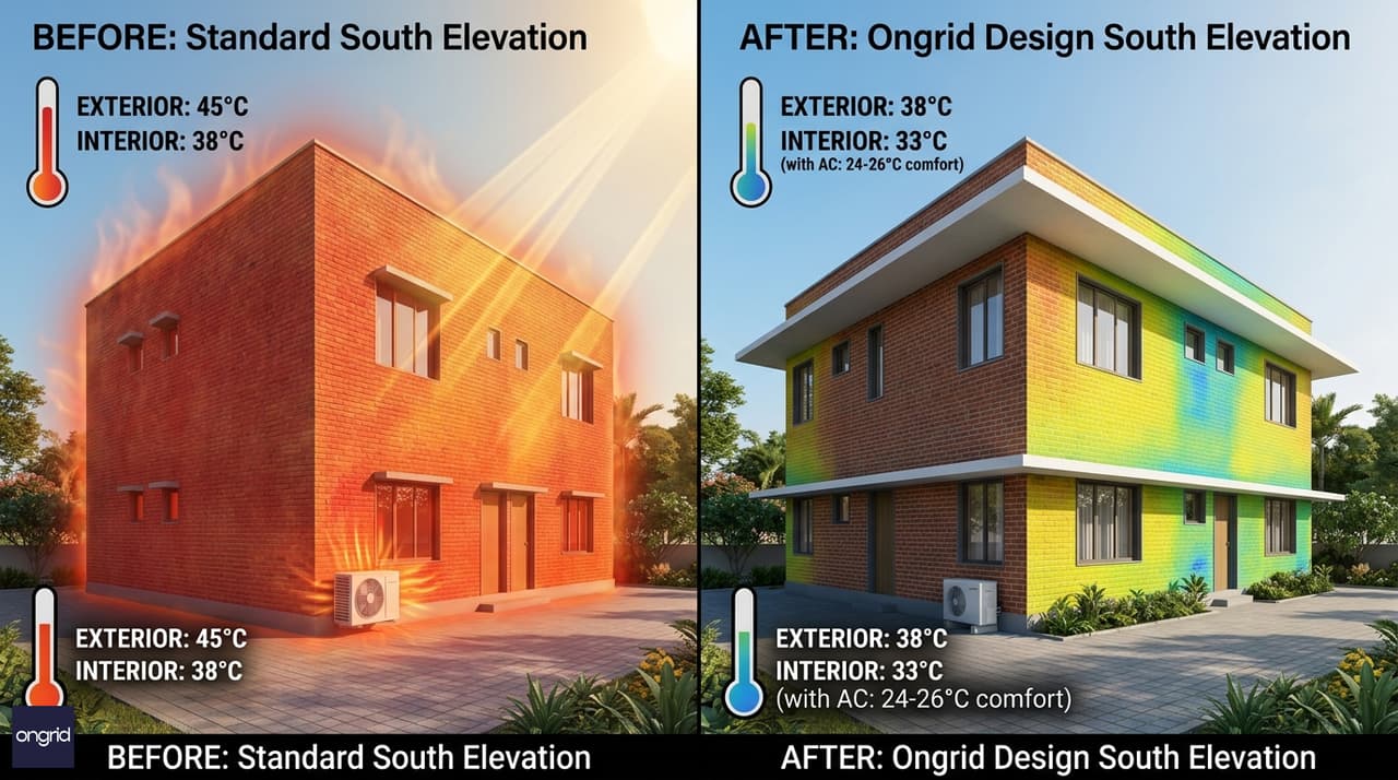 Design highlight: before/after temperature differential—south-facing facade without overhang (45°C) vs. with overhang (38°C) interior target