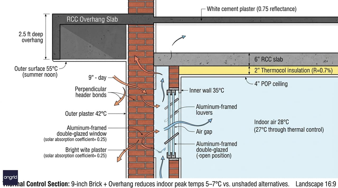 Cross-section detail of overhang, thermal mass wall, and ceiling insulation