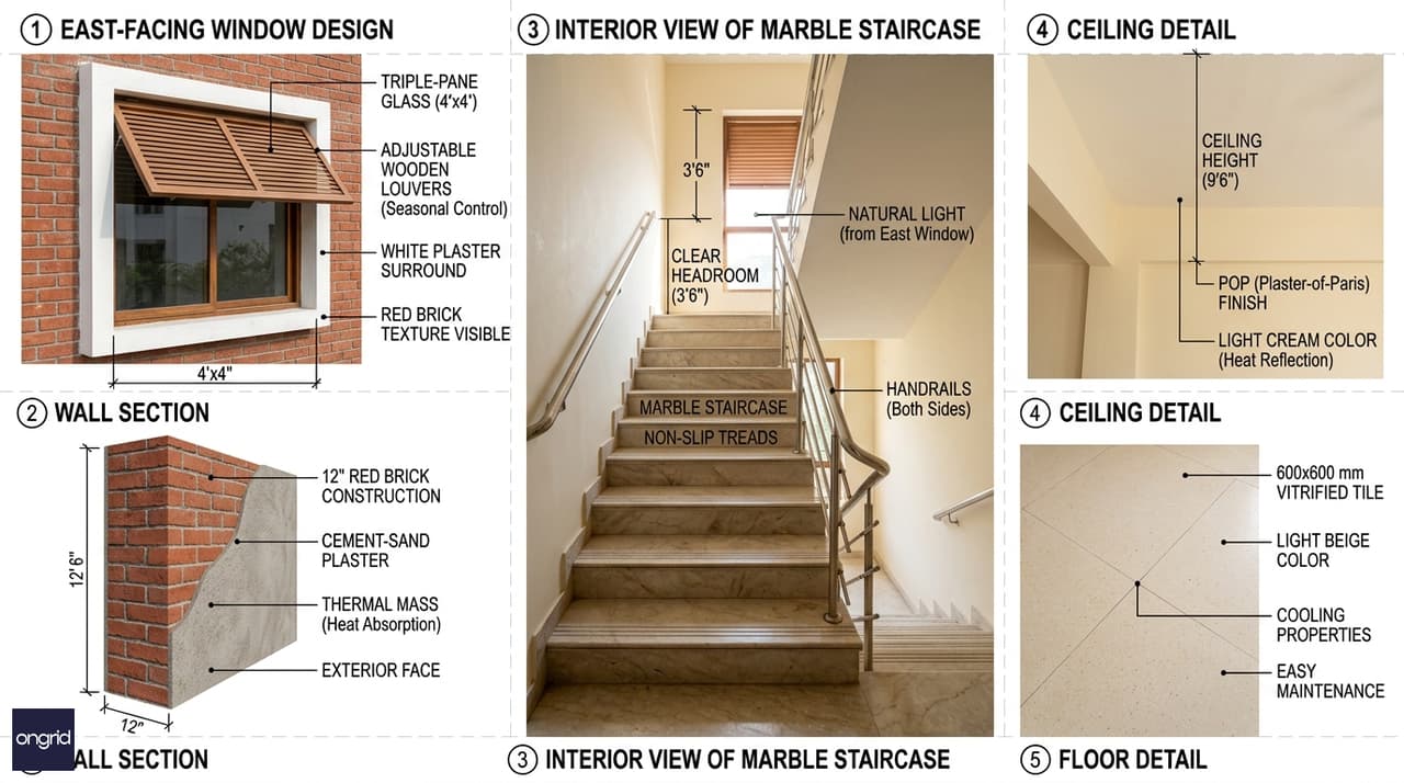 Architectural detail showing window design, external shading, and material choices