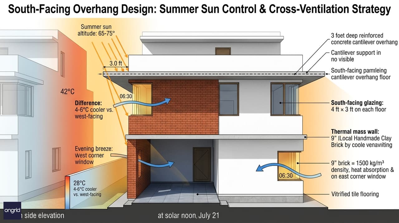 Design highlight showing deep overhang shadow pattern, cross-ventilation paths, and thermal mass walls