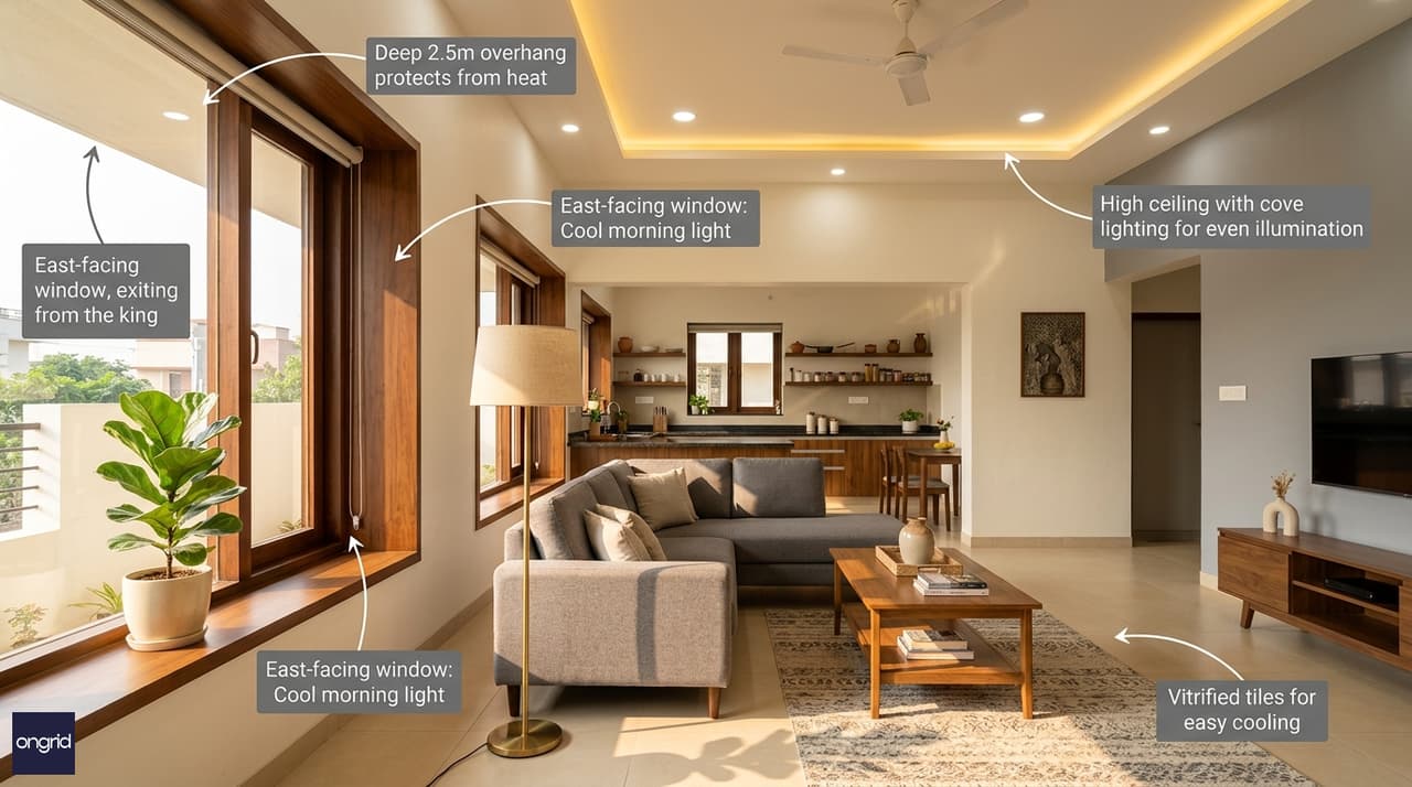 Interior design highlights of 20x50 East-facing home with annotated features and materials