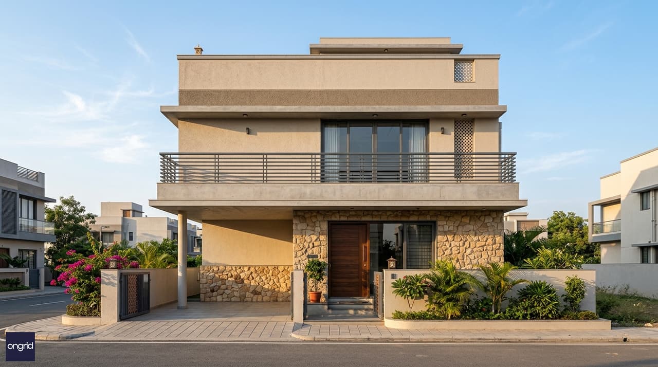 East-facing 30x40 duplex elevation — projecting first-floor balcony, stone cladding ground floor, plaster upper floor, horizontal band between floors