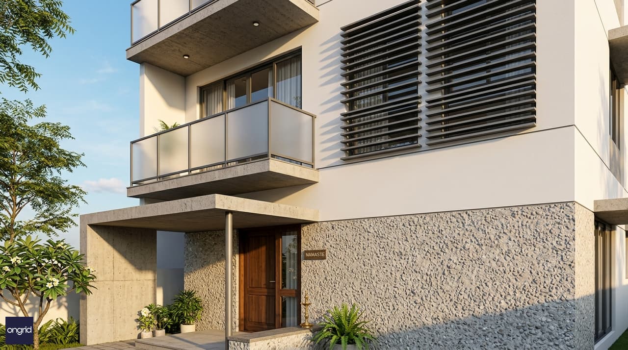 Design highlight of 30x40 east-facing G+2 elevation showing arched entrance canopy, cantilevered balcony, cladding contrast and horizontal fins