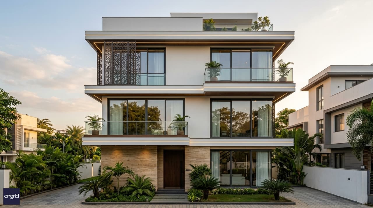 Design highlight showing east-facing elevation of 30x40 G+3 home with staggered balconies, large glass windows and two-tone facade