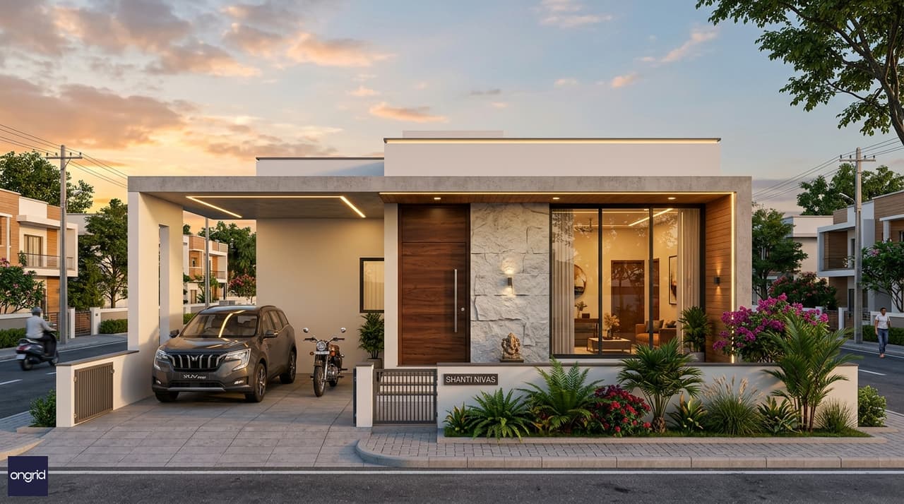 3D exterior elevation render of a 30x40 north-facing single-floor home with modern flat roof, textured stone accent wall, large pivot door, and covered entry porch