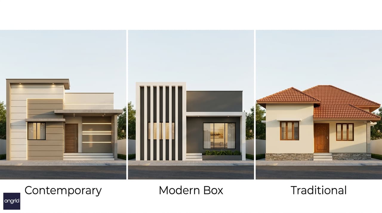Comparison of three south-facing single-floor elevation styles: contemporary flat-roof with canopy, box modern with vertical fins, and traditional Mangalore tile roof