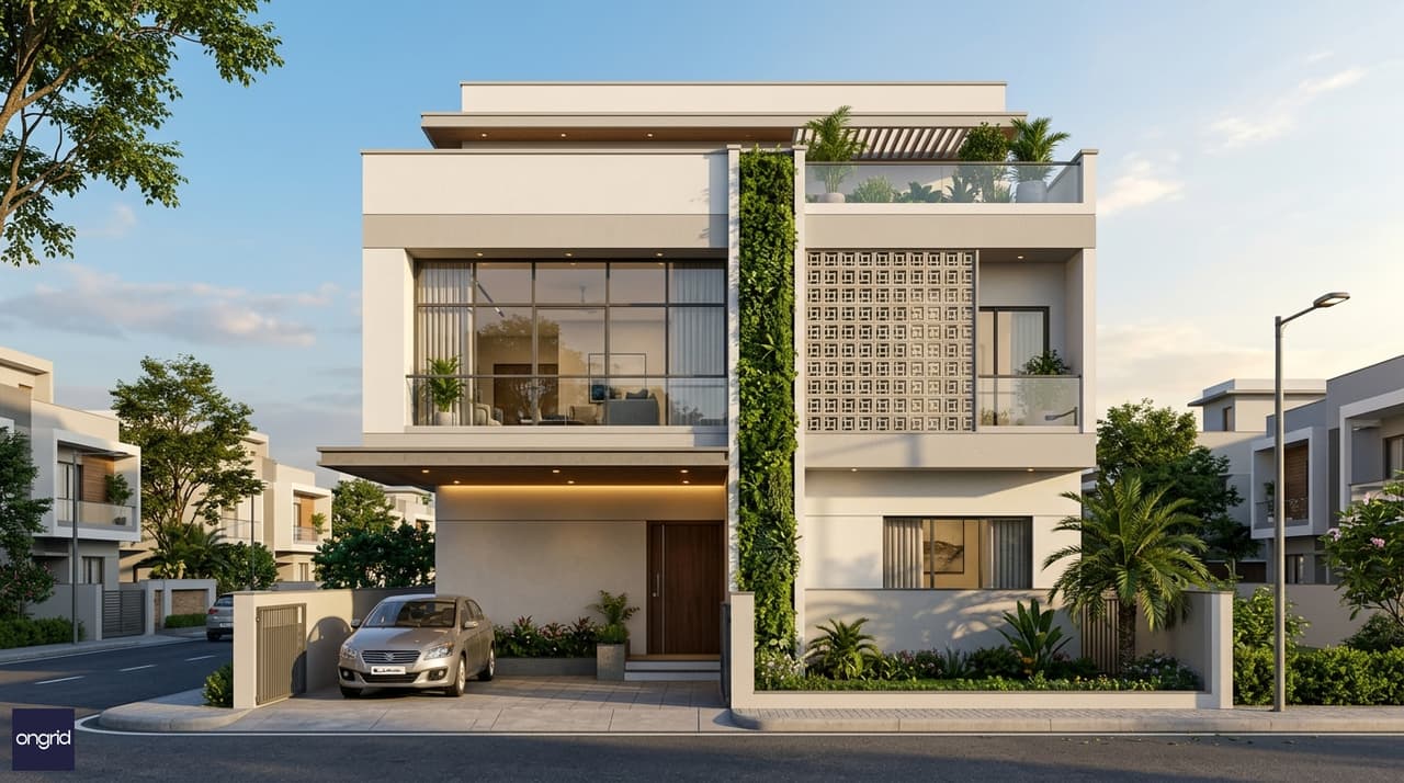 3D render of a 30x40 south facing G+2 house elevation with flat roof, cantilevered entry canopy, jali screen at second floor and vertical garden strip