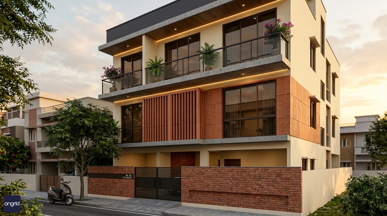 Design highlight — south-facing G+3 elevation details and facade treatment
