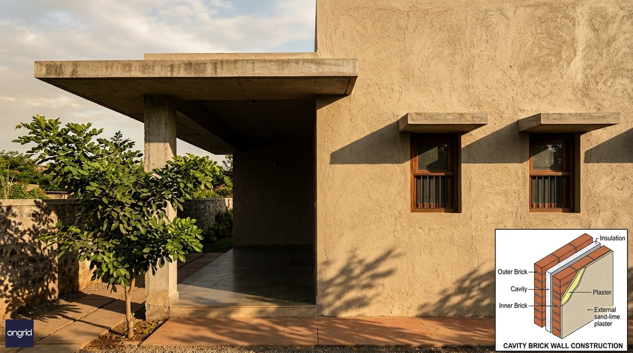 Design detail showing deep overhangs, shaded west verandah, and planted boundary screen on a west-facing home