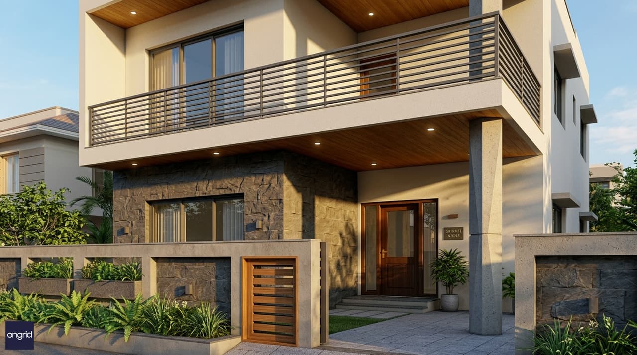 Design highlight — east-facing elevation detail of 40x50 G+1 with double-height porch and balcony
