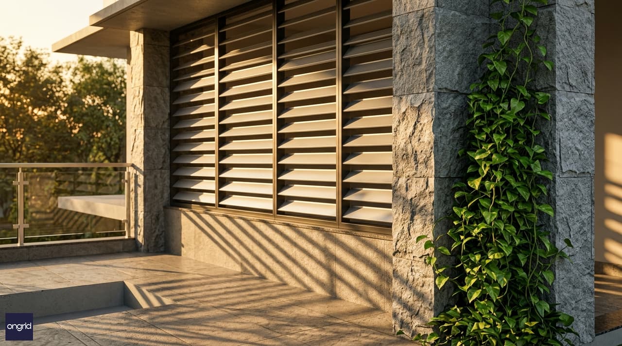 Close-up architectural detail of west-facing first floor balcony showing horizontal aluminium louvre fins, deep chajja projection, rough Kota stone column cladding, and vertical green planter strip