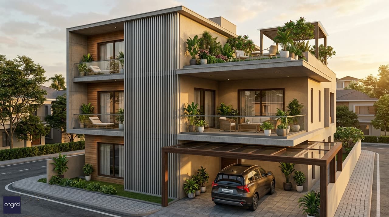 Design highlight of the 40x50 west facing G+2 home showing the layered balcony system, louvred sun screen and rooftop terrace garden