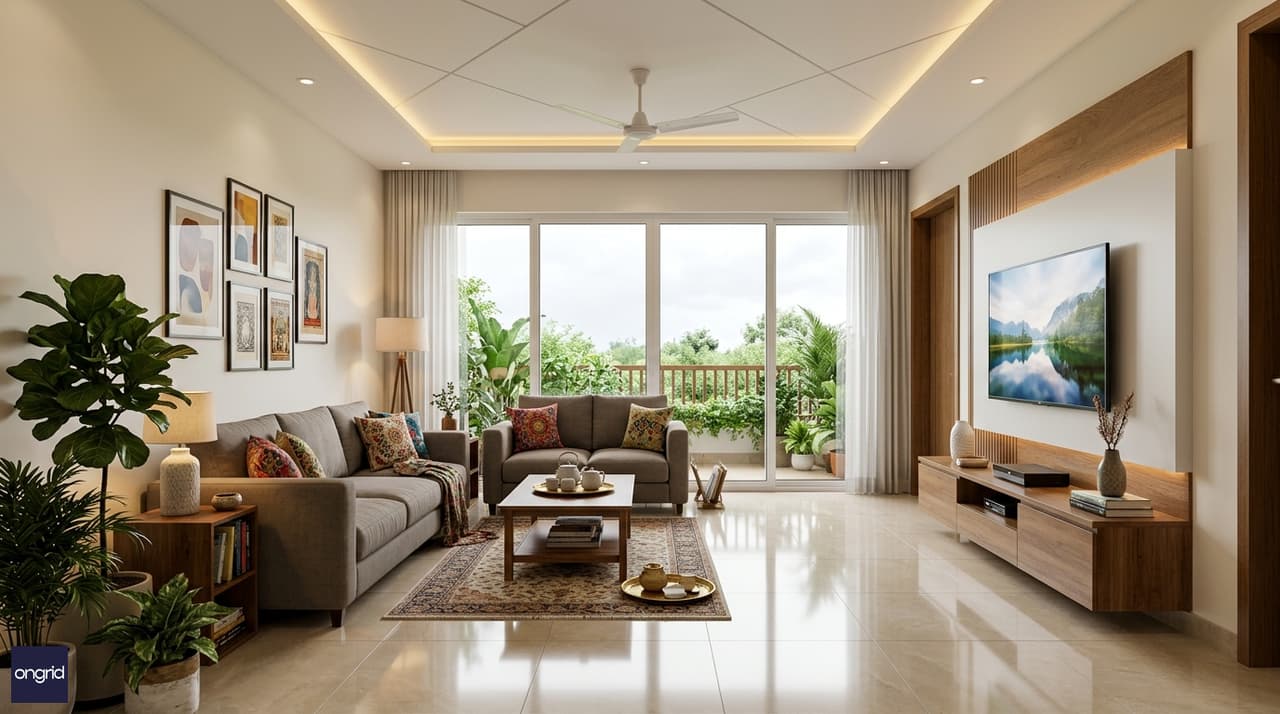 Interior render of a bright 16x14ft north-facing living room with large windows, diffused light, contemporary Indian furnishing, and polished vitrified floor tiles