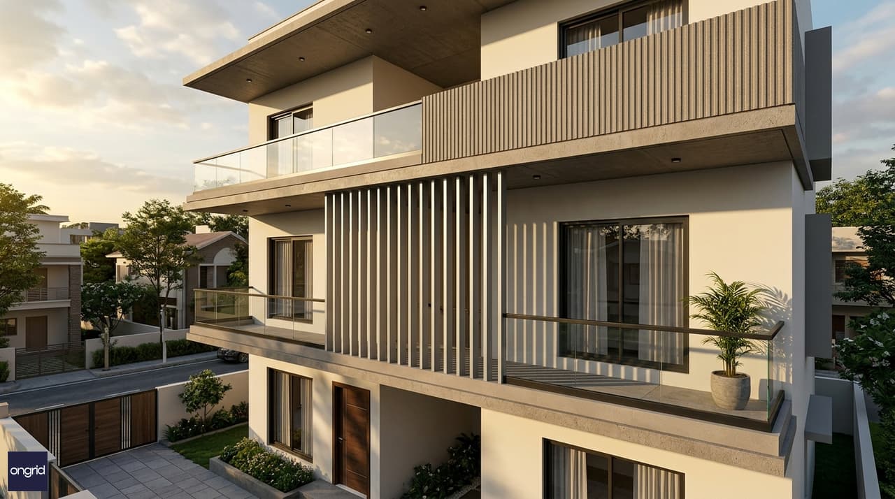 3D elevation design detail for a 40x50 west facing G+3 showing four stacked balconies with 2-foot deep overhangs, vertical aluminium louvre fins, a textured feature wall panel, and warm golden-hour facade lighting