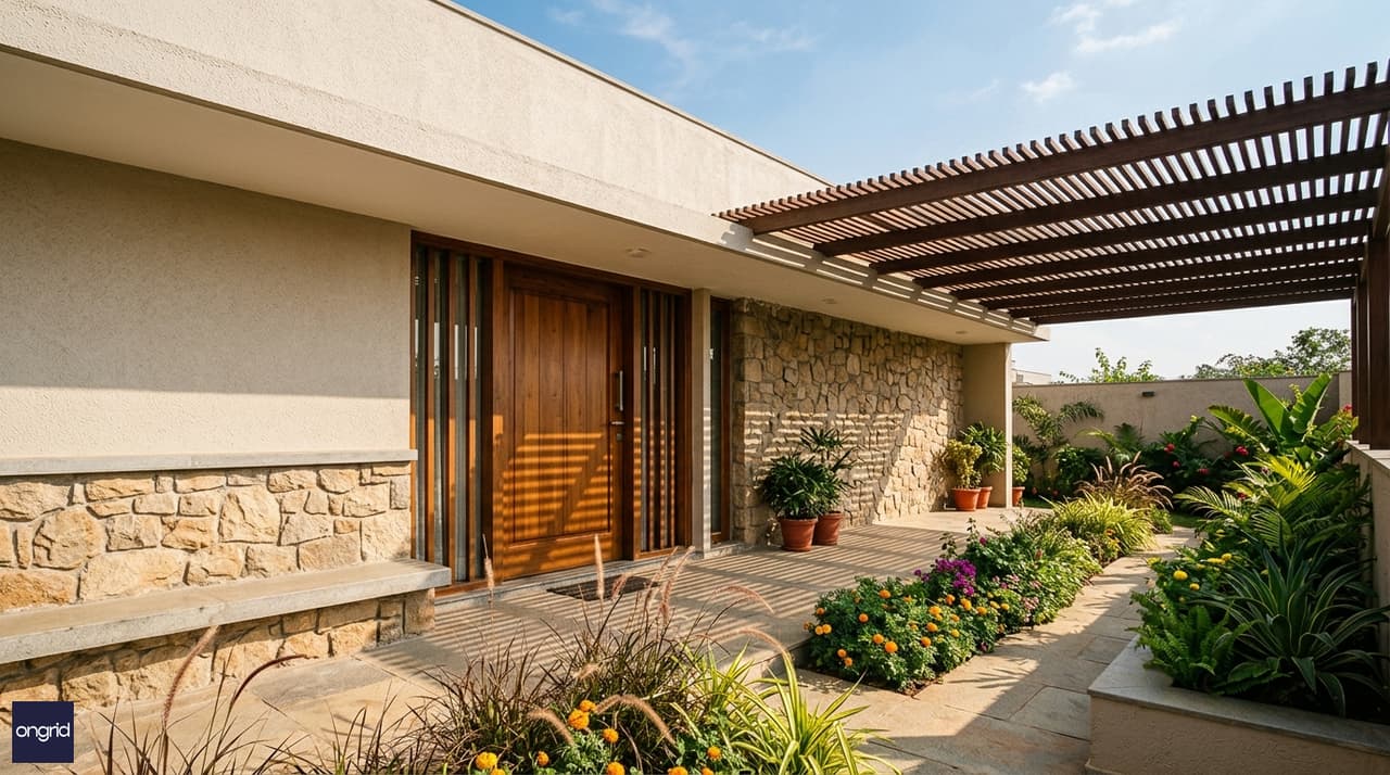 Close-up architectural detail of a south-facing elevation with a deep verandah pergola, horizontal design bands, textured plaster finish, and a lush planted entrance garden