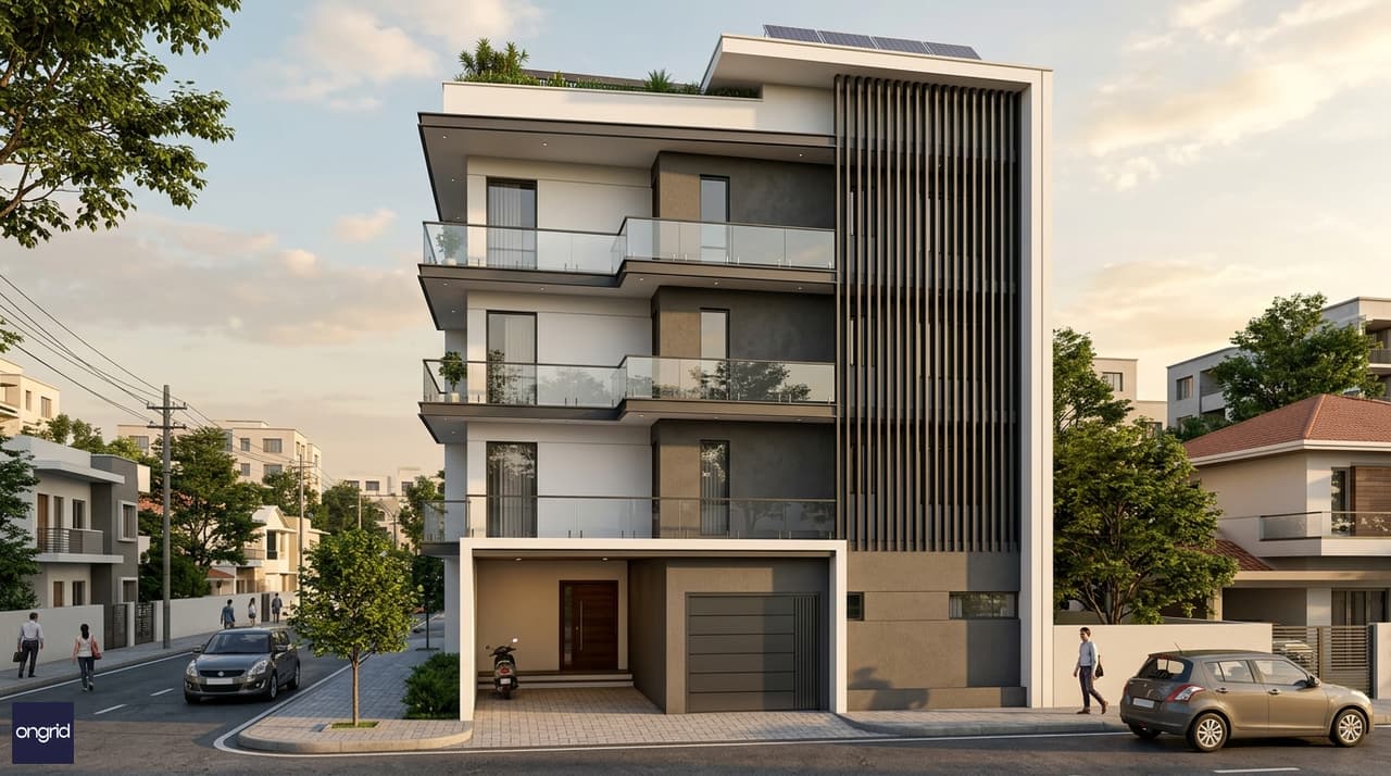 3D elevation rendering of a 40x50 north-facing G+3 house with contemporary Indian architecture, vertical fins, recessed entry, staggered balconies and terrace parapet