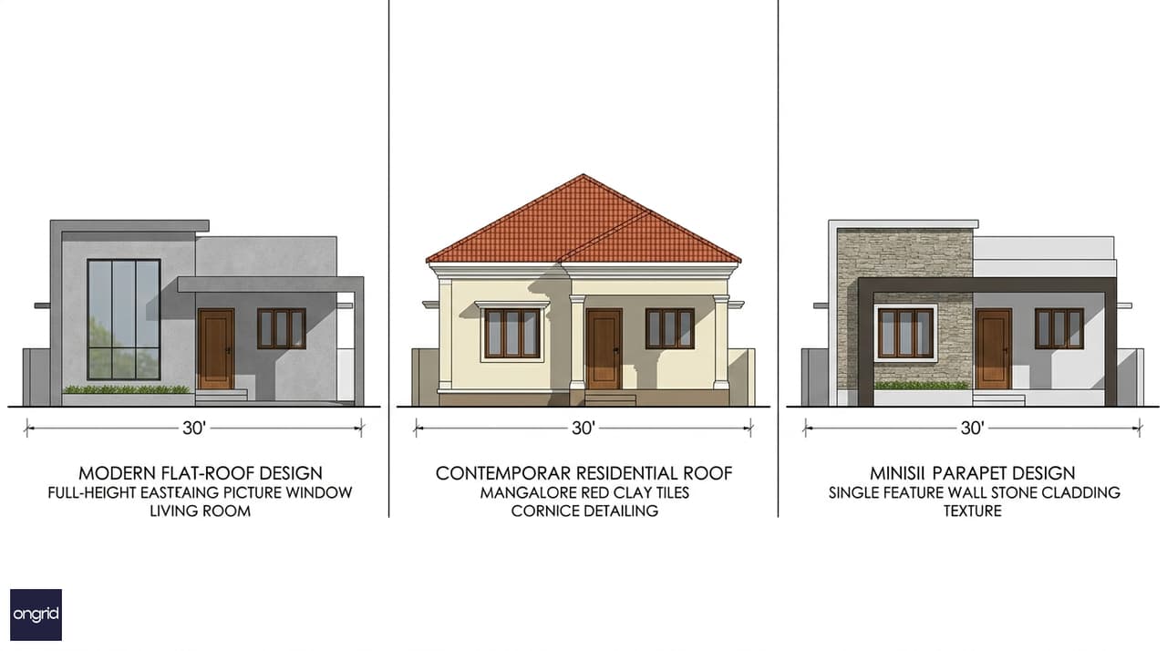 Three elevation styles for 30x50 east facing single floor home showing flat roof modern design, pitched tile roof, and parapet with feature wall accent side by side