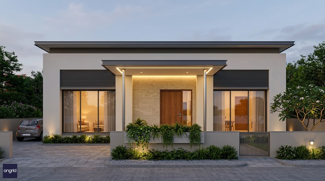 3D design highlight of a contemporary north-facing 40x60 bungalow with natural stone feature wall, 10 ft wide overhang porch, and floor-to-ceiling glazing on the main façade