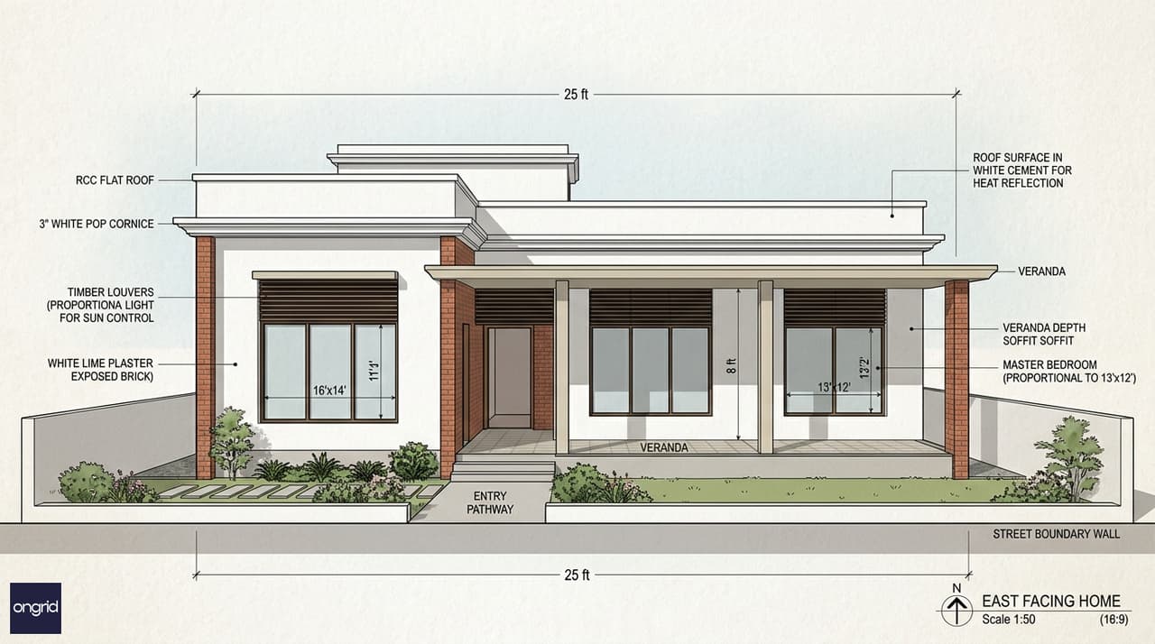 Cross-section elevation showing thermal mass brick walls, POP ceiling, RCC slab, and roof insulation