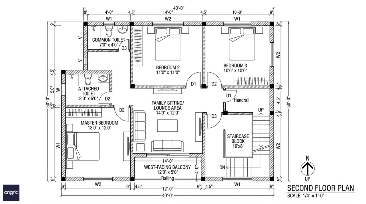 Second floor plan of 40x50 west facing G+3 house showing a three-bedroom layout, family sitting lounge, common toilet, and an elevated west-facing balcony with improved views and ventilation