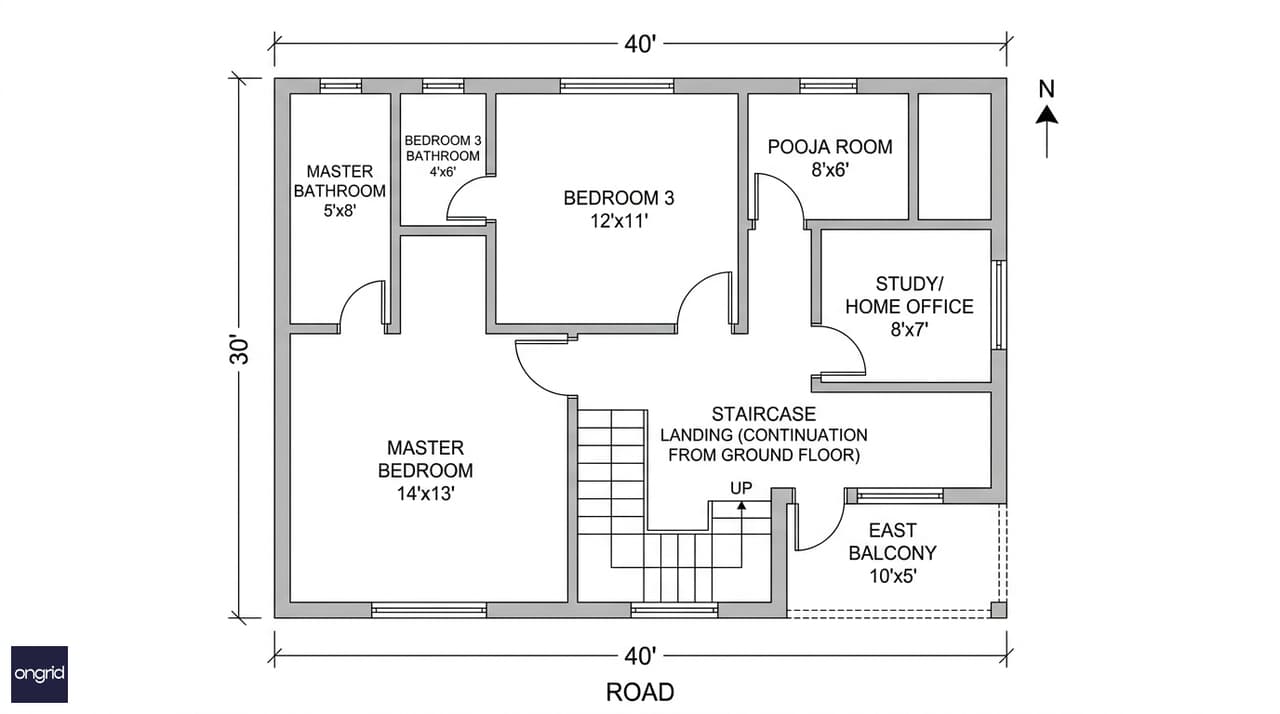 First floor plan for 30x40 east facing G+1 — master bedroom SW, pooja NE, east-facing balcony, secondary bedroom NW