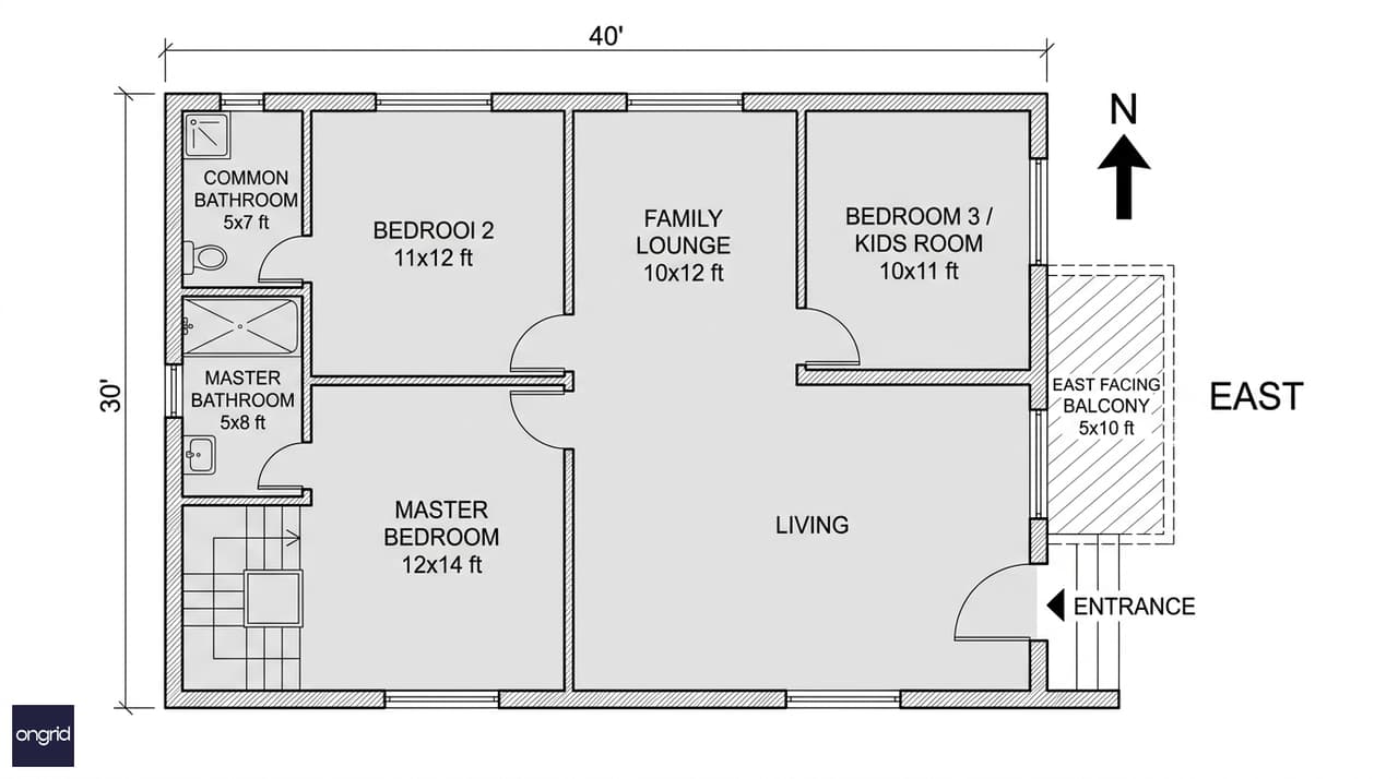 First floor plan of 30x40 east-facing G+2 showing master bedroom SW, bedroom 2 NW, bedroom 3 NE, east-facing balcony, and family lounge