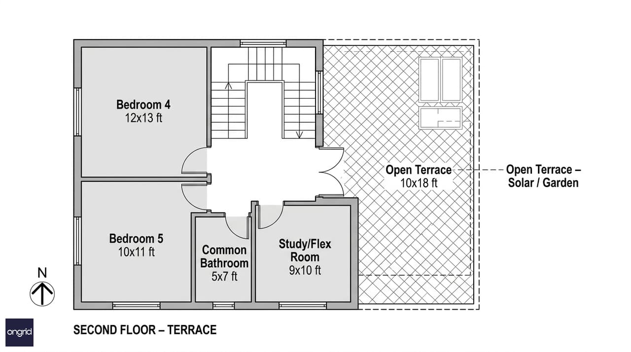 Second floor plan of 30x40 east-facing G+2 with two bedrooms, study/flex room, and open terrace for solar panels or garden