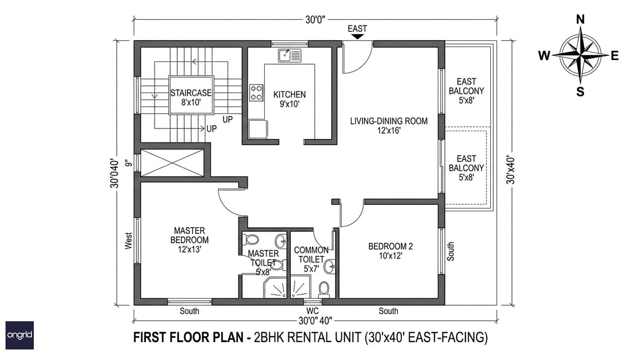 First floor plan of 30x40 east facing G+3 showing 2BHK rental unit with east-facing living room, balcony and SW master bedroom