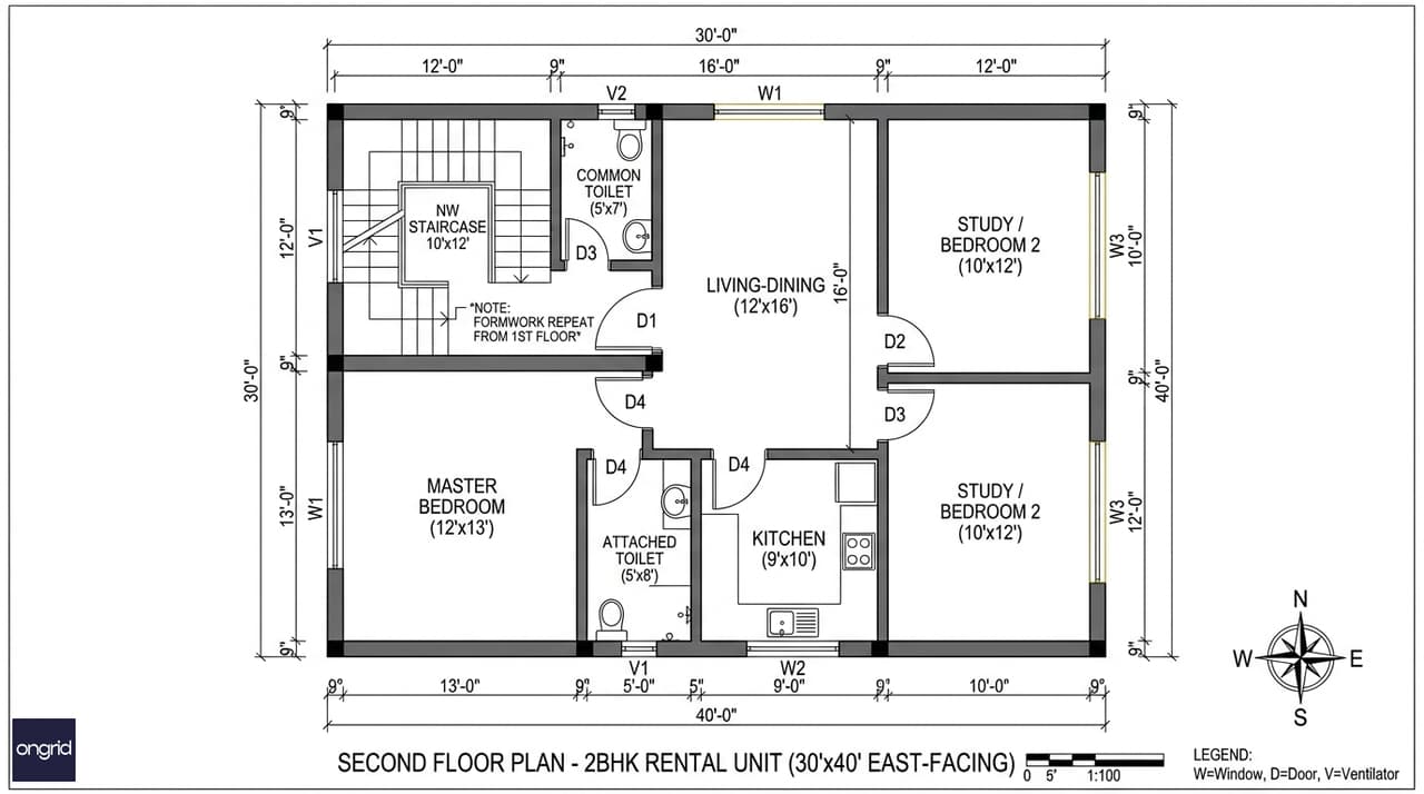 Second floor plan of 30x40 east facing house showing 2BHK layout with optional study bedroom variation