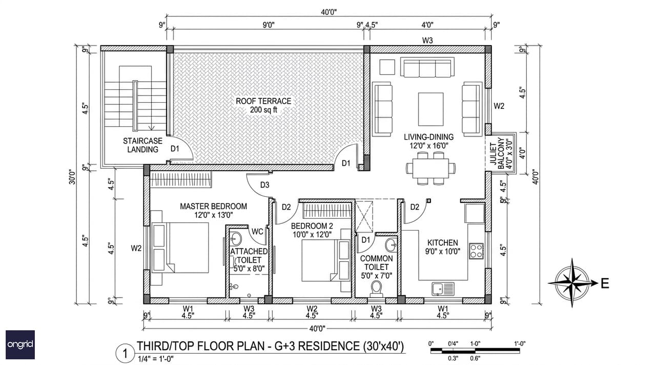 Third floor plan of 30x40 east facing G+3 showing premium 2BHK layout with terrace access and east-facing Juliet balcony
