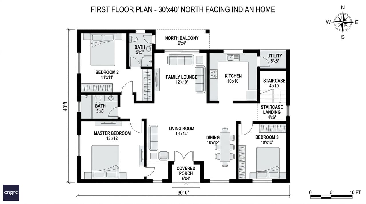 First floor plan of 30x40 north facing 4-floor house with three bedrooms including south-west master, two attached bathrooms, north-facing family lounge and cantilevered north balcony