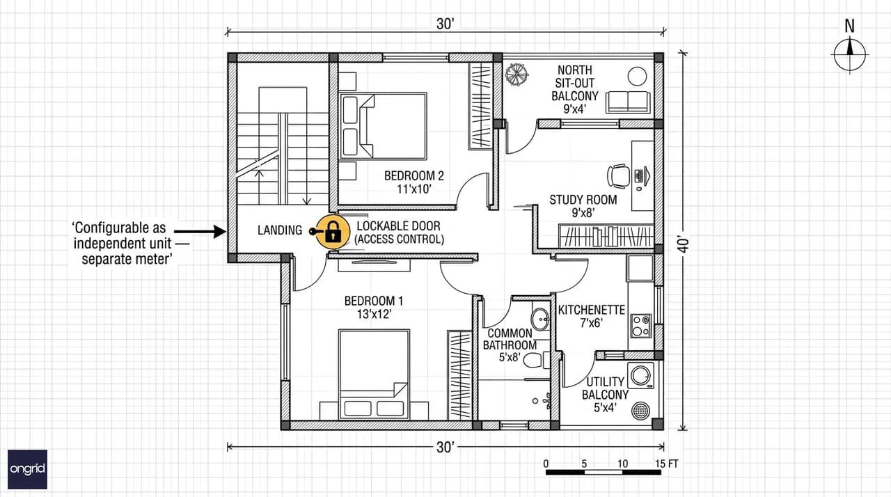 Second floor plan of 30x40 4-floor north facing house with two bedrooms, north-east study room, compact kitchenette, south utility balcony and north sit-out balcony — configurable as independent rental unit