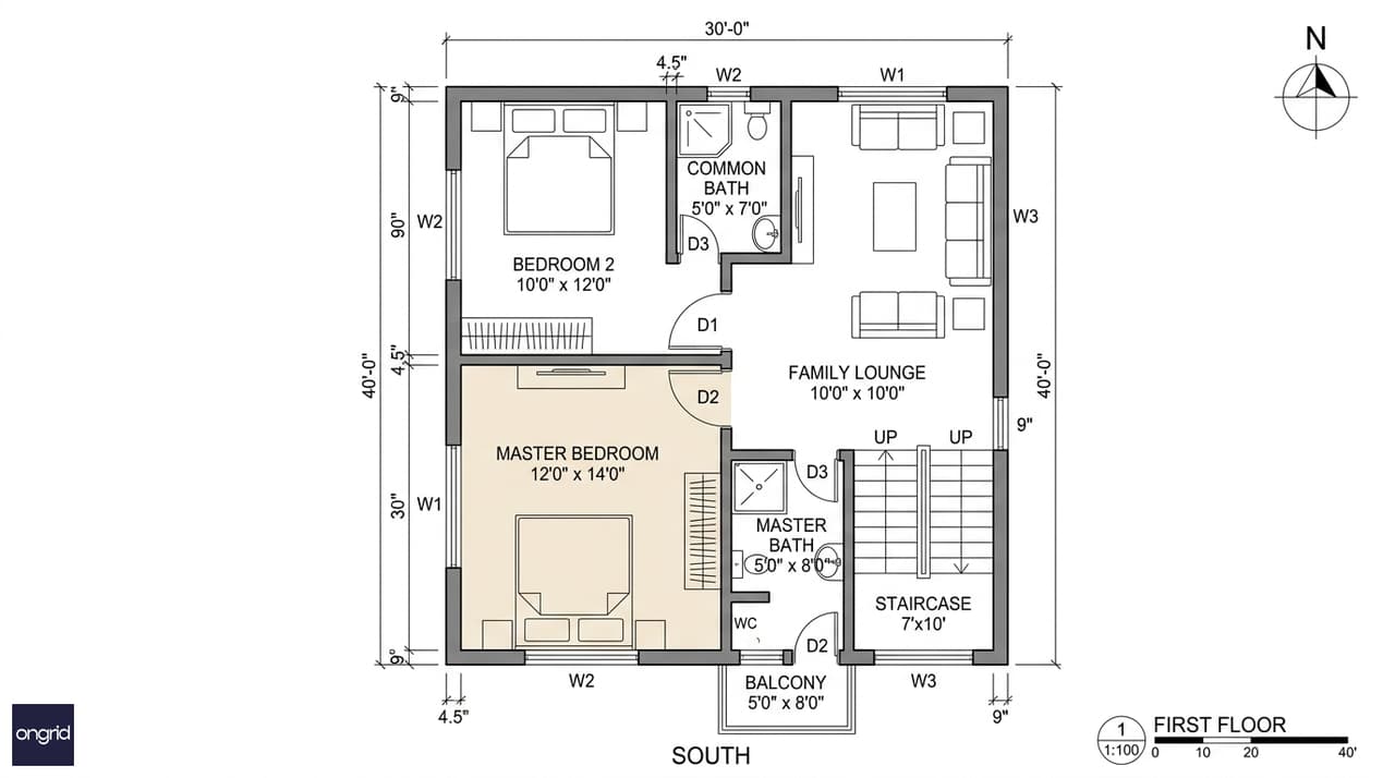 First floor plan of a 30x40 south facing house with master bedroom SW, second bedroom, attached and common bathrooms, south balcony and staircase
