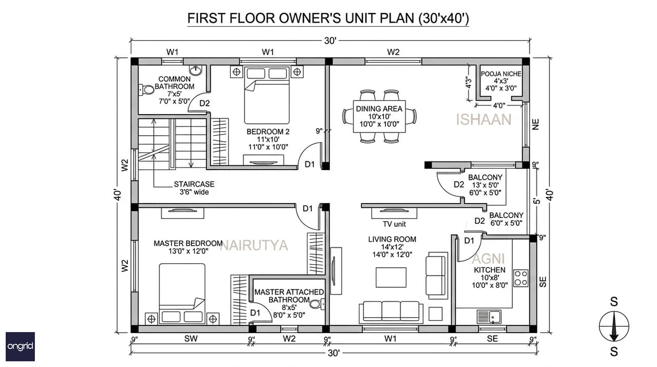First floor plan — 30x40 south facing G+3 owner's unit