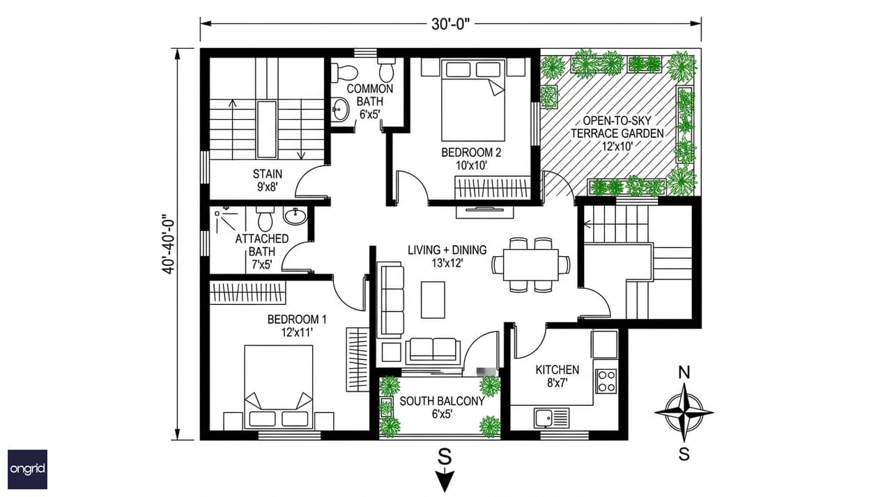 Third floor plan — 30x40 south facing top floor with terrace access