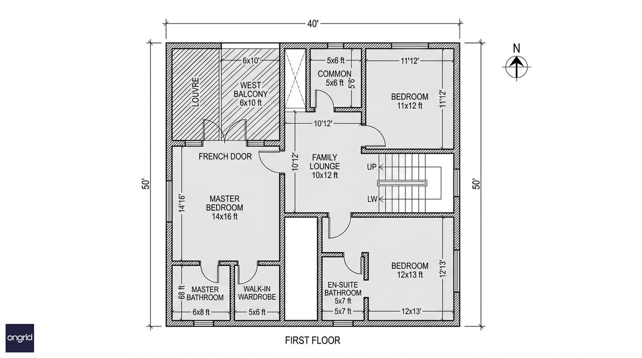 Detailed first floor plan of 40x50 west facing G+1 with master bedroom SW, west balcony with louvers, bedroom 2 south, bedroom 3 NE, family lounge center, three bathrooms with dimensions