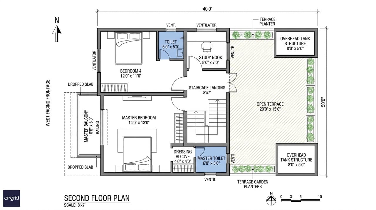 Second floor plan of a 40x50 west facing house showing master suite, third bedroom, study area and sunset terrace