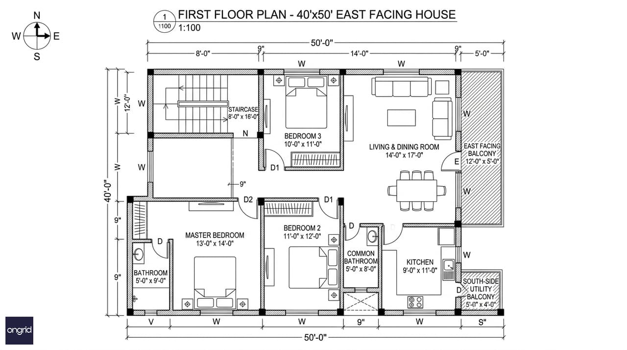 First floor plan for 40x50 east facing home with master bedroom suite, two secondary bedrooms, east balcony and southeast kitchen