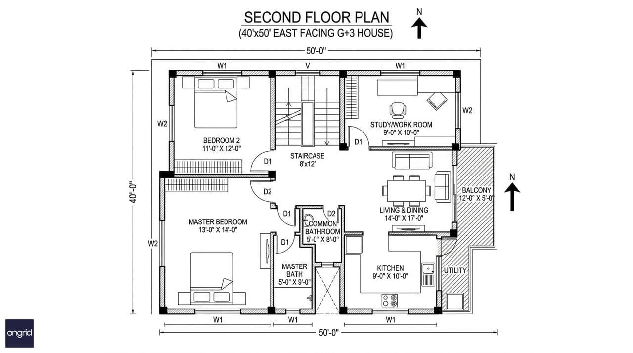 Second floor plan for 40x50 east facing home mirroring first floor with a dedicated study replacing the third bedroom