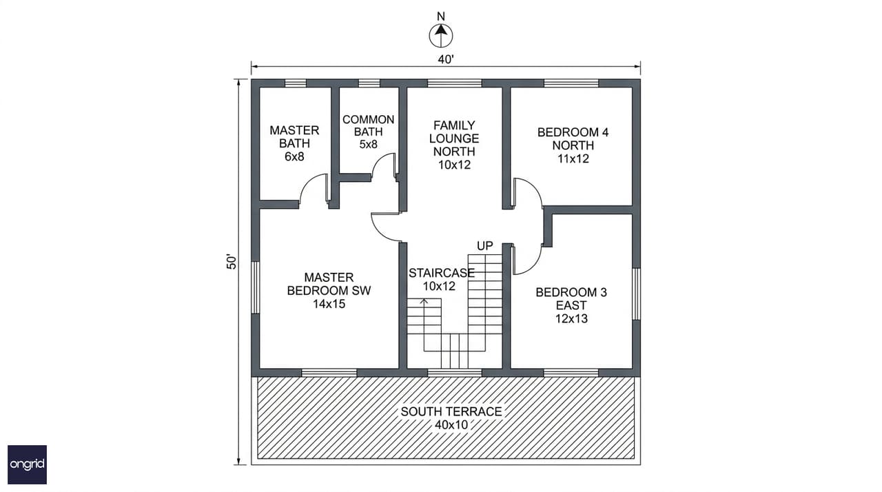 First floor plan for 40x50 north facing 2-floor home — master SW, family lounge north, south terrace