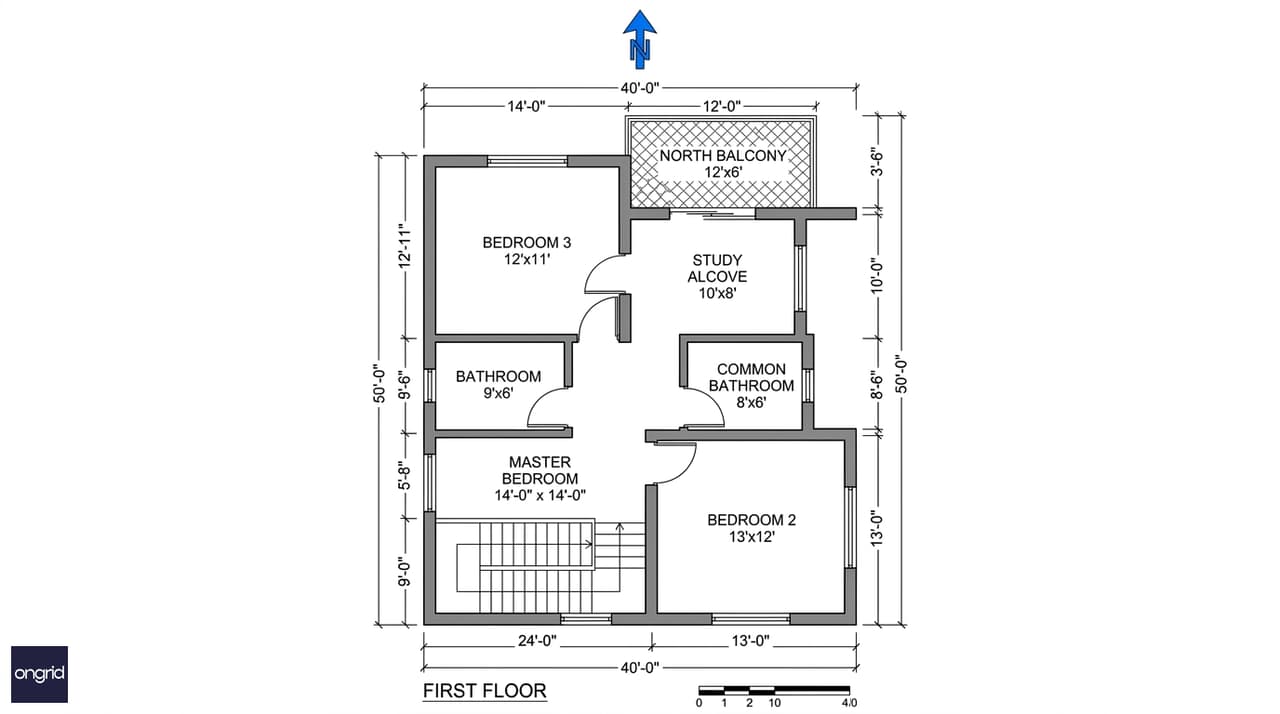 First floor plan for 40x50 north facing G+2 home showing master suite, two bedrooms, study alcove and north balcony