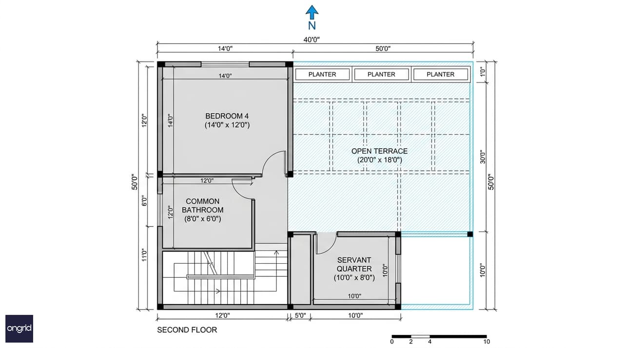 Second floor plan for 40x50 north facing G+2 home with two bedrooms, bathroom, open terrace and optional servant quarter