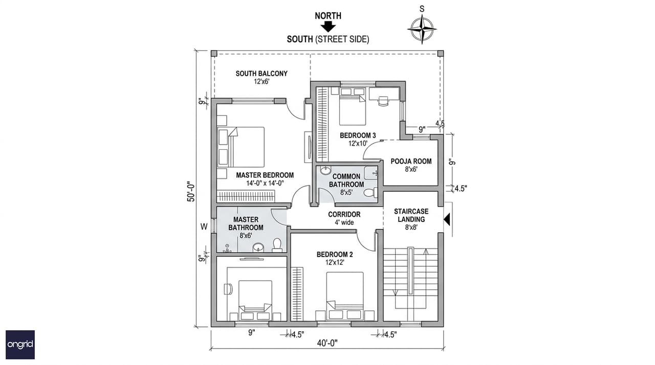 40x50 south-facing first floor plan with master bedroom in SW, pooja in NE, and 12x6 ft south balcony